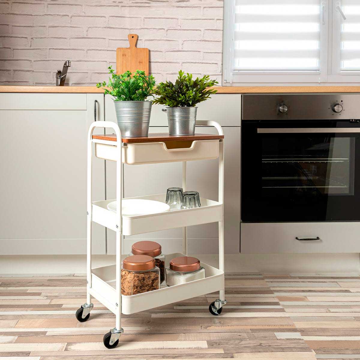 Carrito multiusos Garbo Quid 3 niveles con ruedas blanco/natural 75x46,5x30,5 cm
