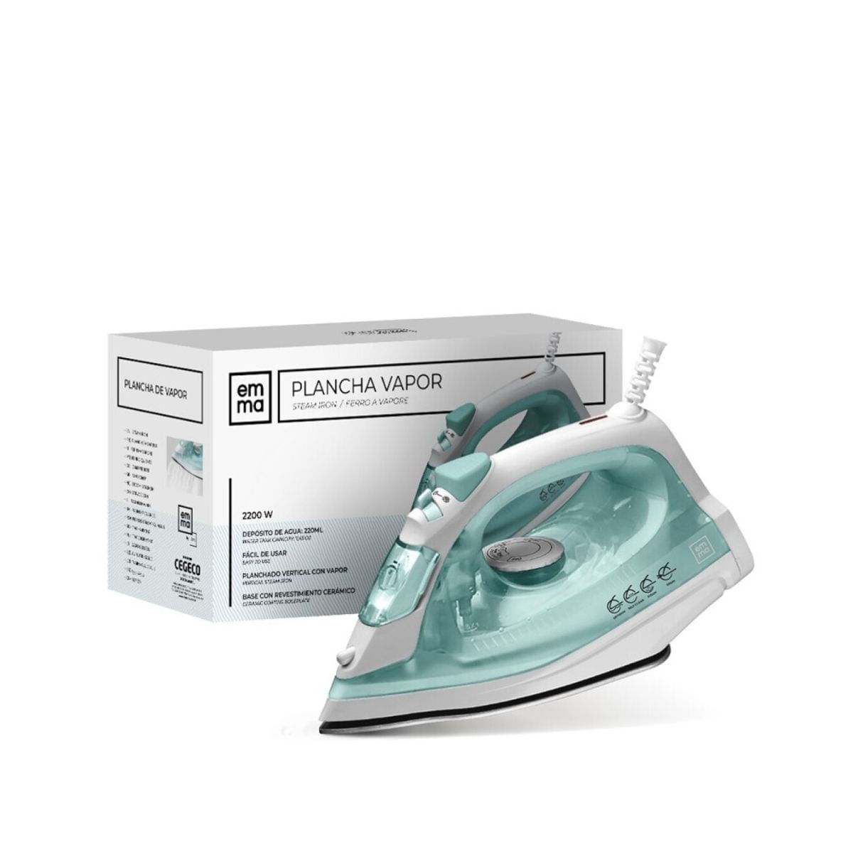 Plancha-de-vapor-Emma-Steam-Iron-5-0035-2200W-revestimiento-ceramico-220ml-verde-25x129-cm-fondo-blanco