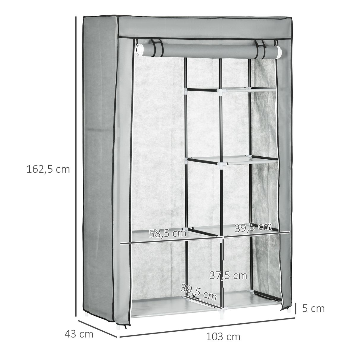 Armario de tela Tula Homcom plegable 6 estantes + 1 barra gris 162,5x103x43 cm medidas