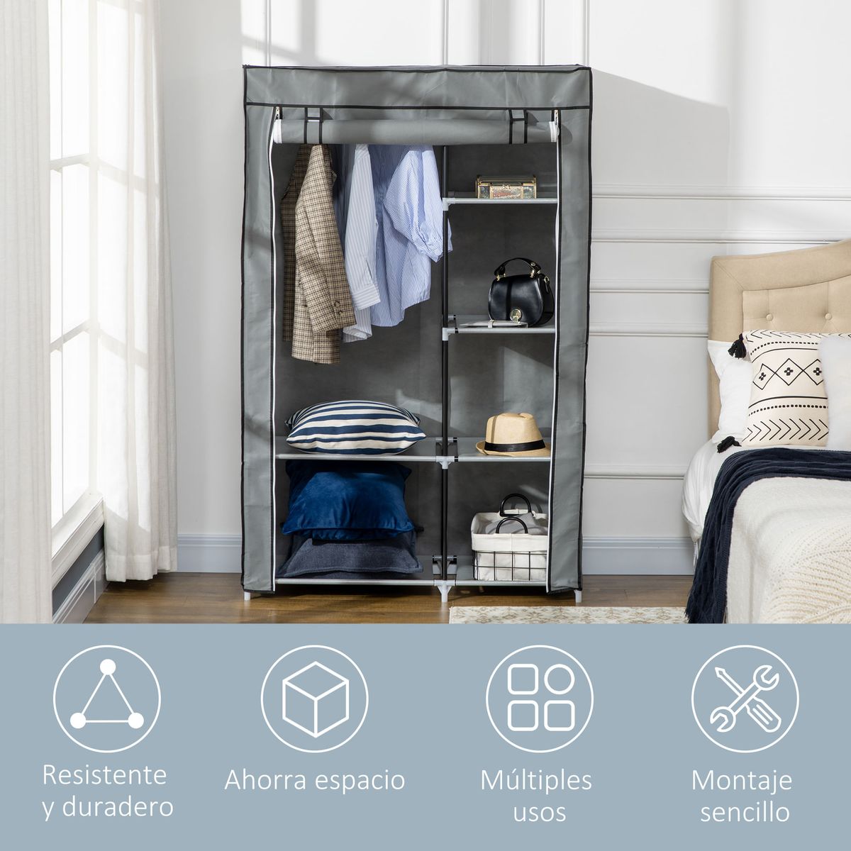 Armario de tela Tula Homcom plegable 6 estantes + 1 barra gris 162,5x103x43 cm web