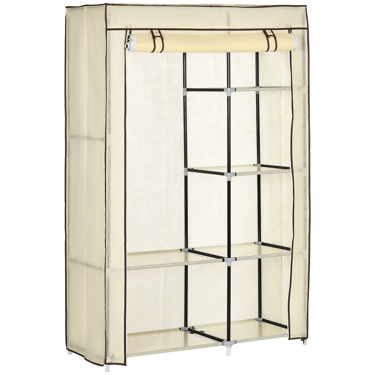 Armario de tela Tula Homcom plegable 6 estantes + 1 barra crema 162,5x103x43 cm fondo blanco