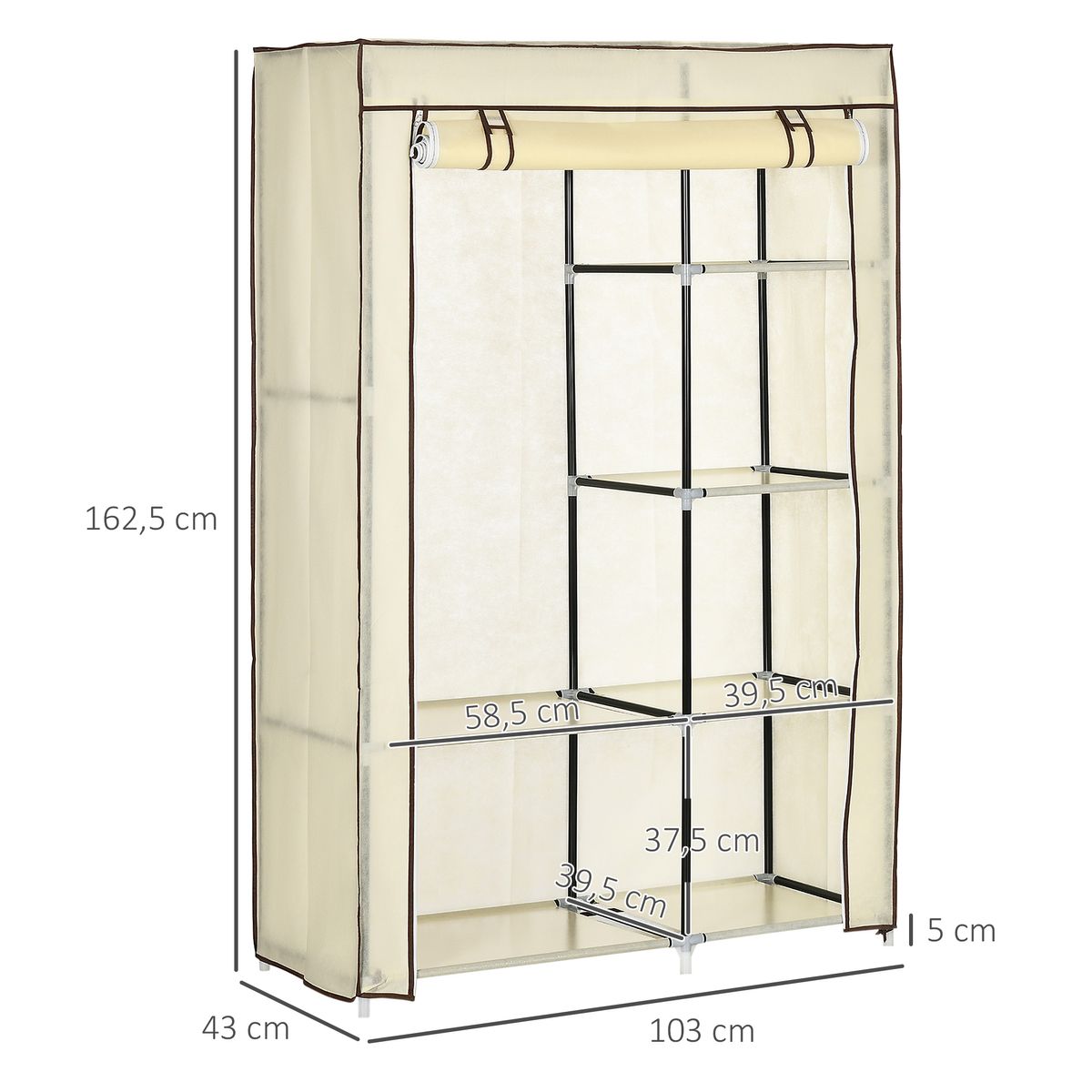 Armario de tela Tula Homcom plegable 6 estantes + 1 barra crema 162,5x103x43 cm medidas