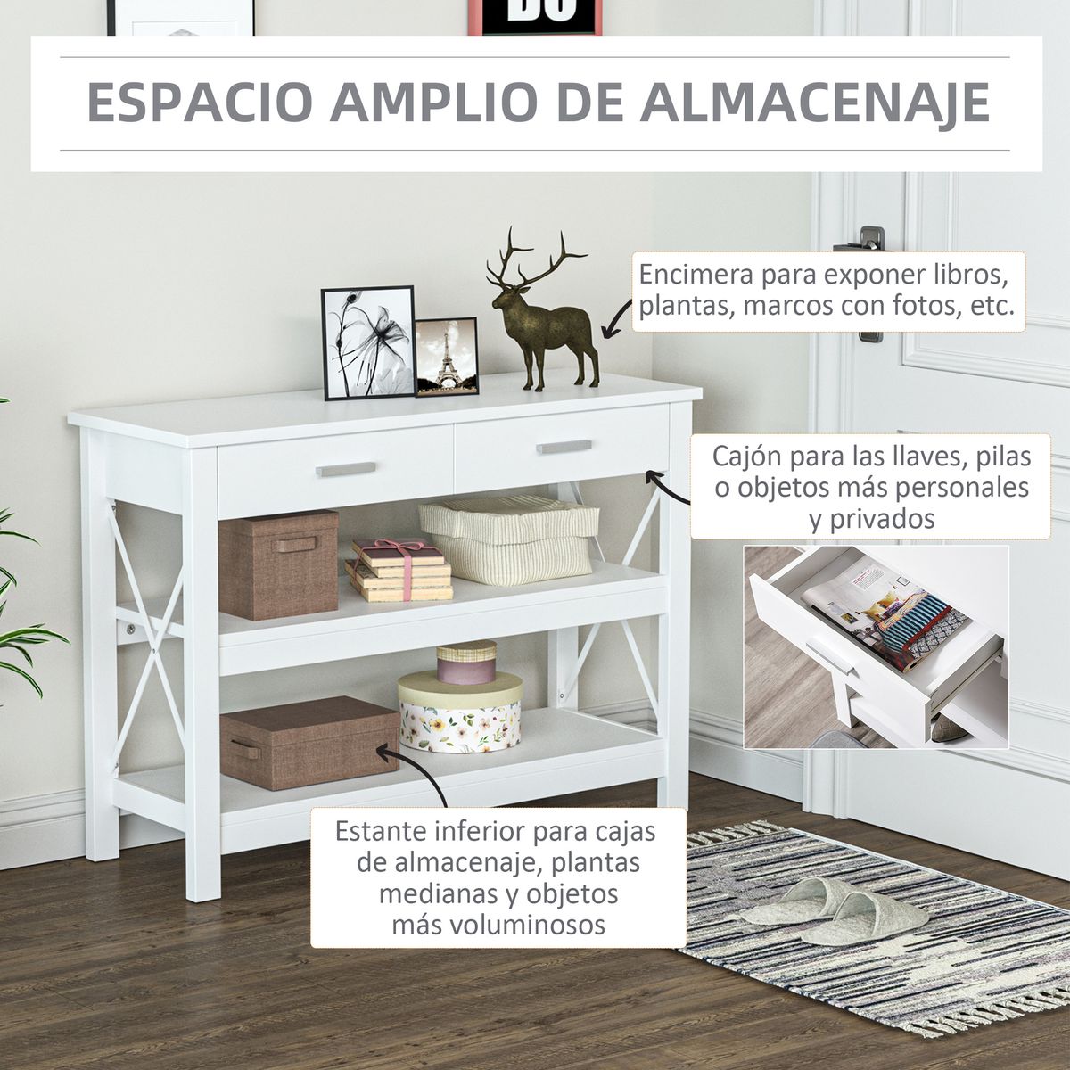 Consola recibidor Maya 2 cajones + 2 estantes blanco 76x105x40 cm 4