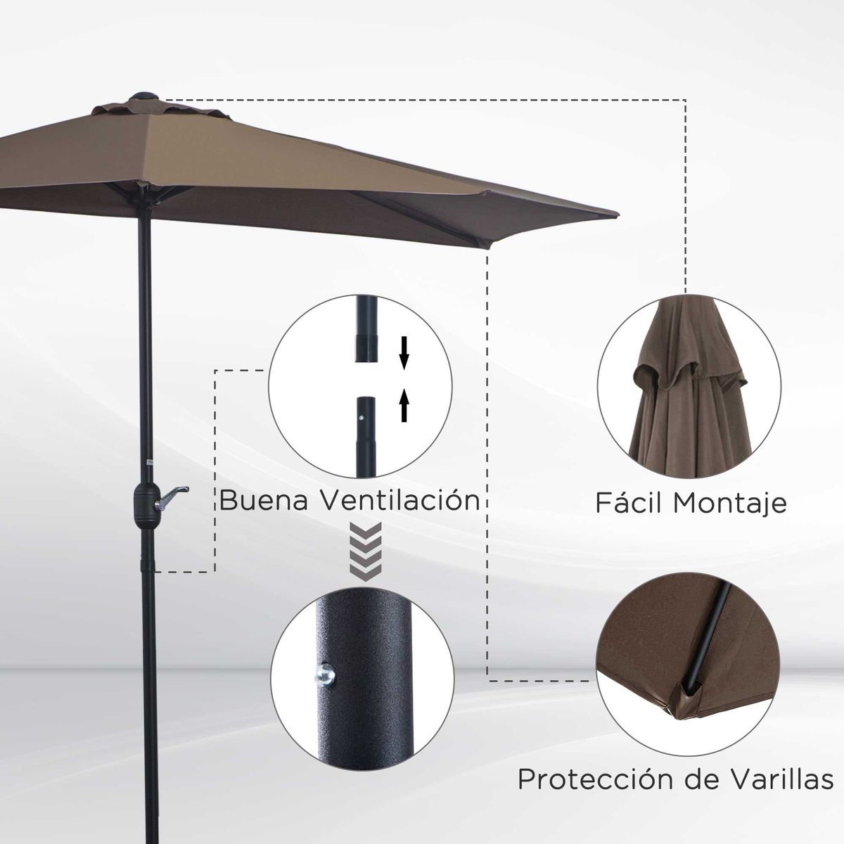 Sombrilla de jardín Outsunny con manivela marrón 236x269x138 cm 6