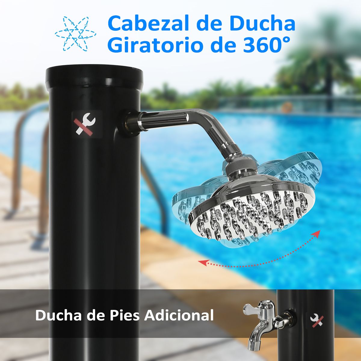 Ducha solar de jardín Outsunny con cabezal negro 222 cm 6