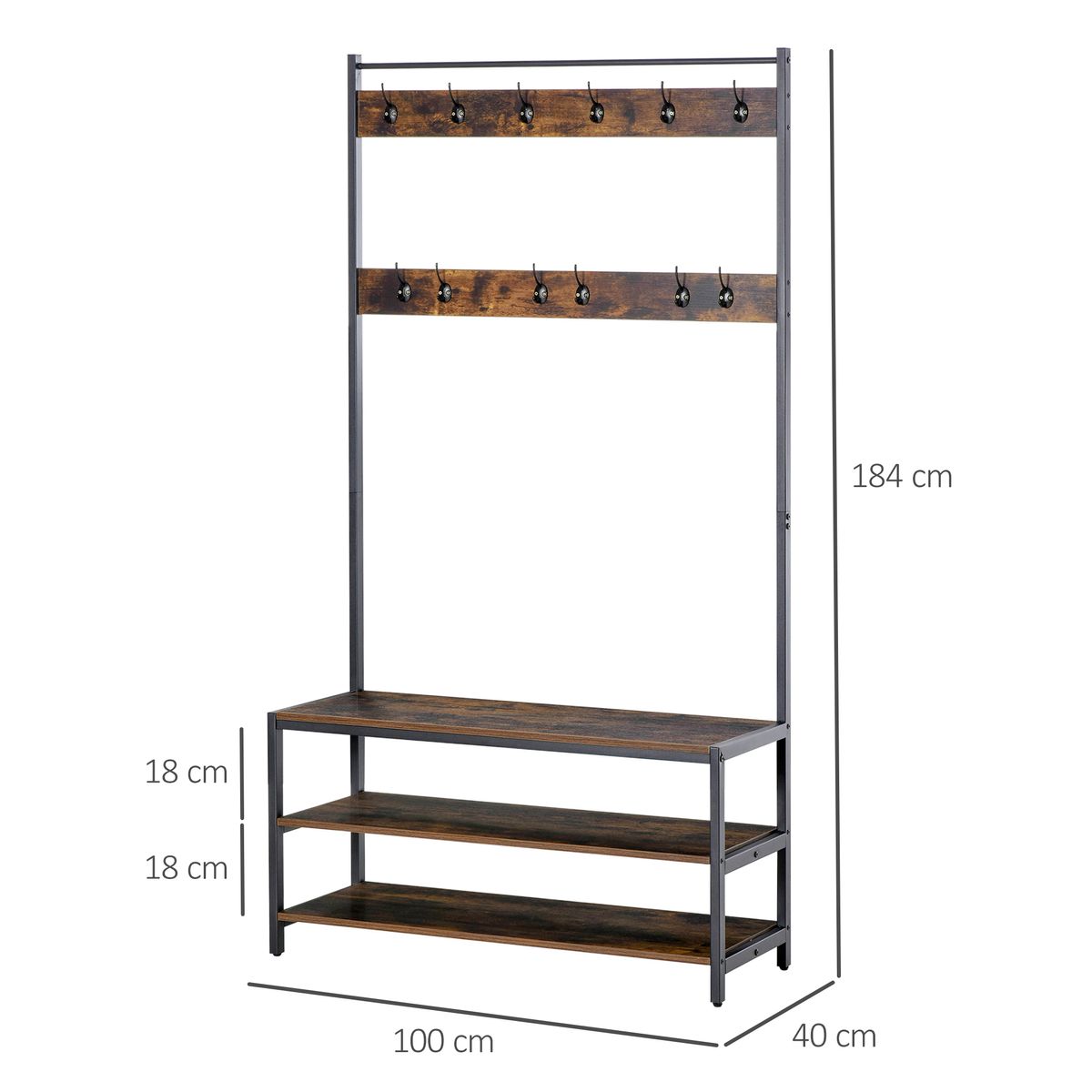 Perchero zapatero Blume Homcom 3 estantes + 12 ganchos roble oscuro 184x100x40 cm 3