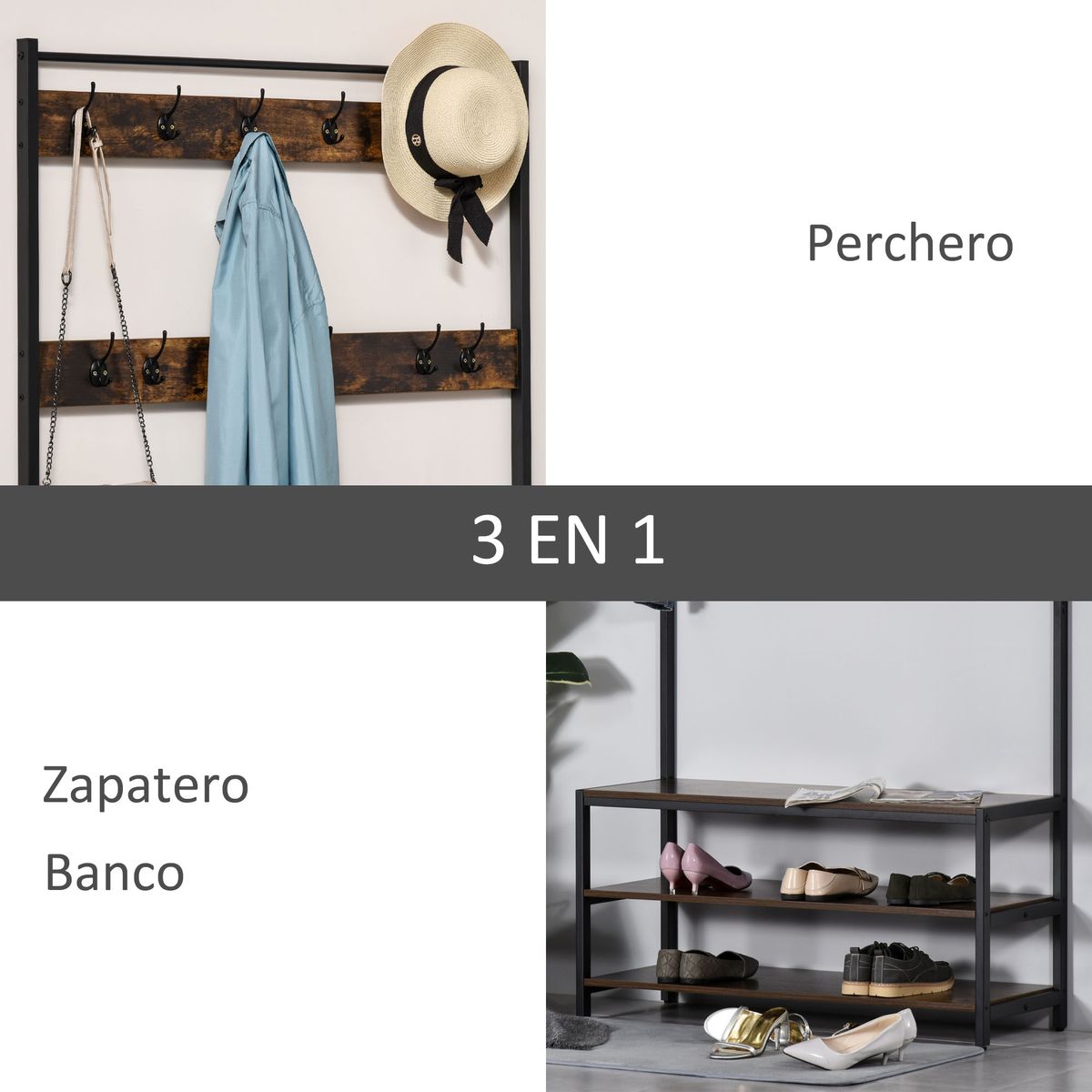 Perchero zapatero Blume Homcom 3 estantes + 12 ganchos roble oscuro 184x100x40 cm 4