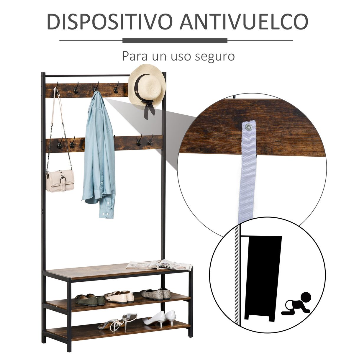 Perchero zapatero Blume Homcom 3 estantes + 12 ganchos roble oscuro 184x100x40 cm 5
