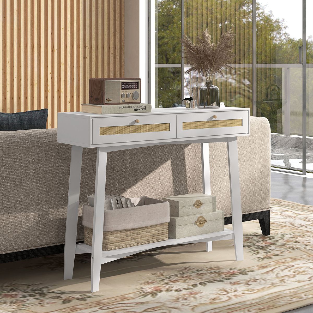 Consola recibidor Mund Homcom 2 cajones blanco/natural 81x100x30 cm 7