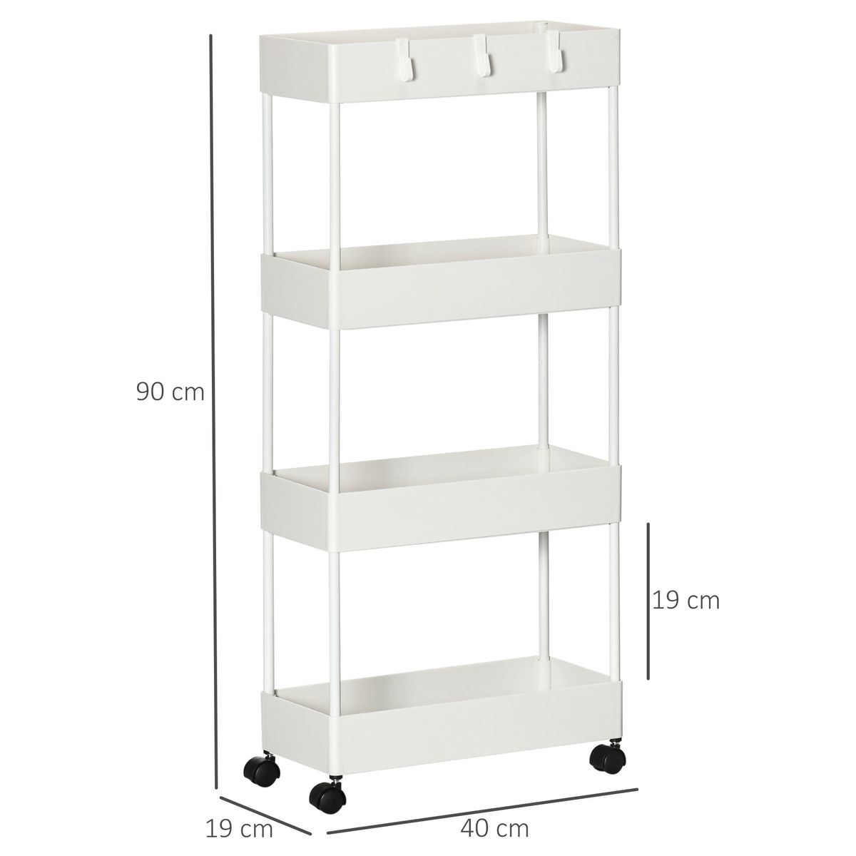 Carrito auxiliar Temba Homcom 4 cestas y ruedas blanco 90x40x19 cm medidas