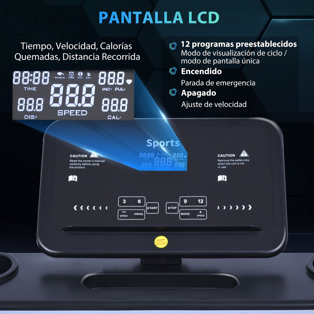 Cinta de correr Homcom 12 programas 1-12km/h negro 122x71x218 cm detalle cinta