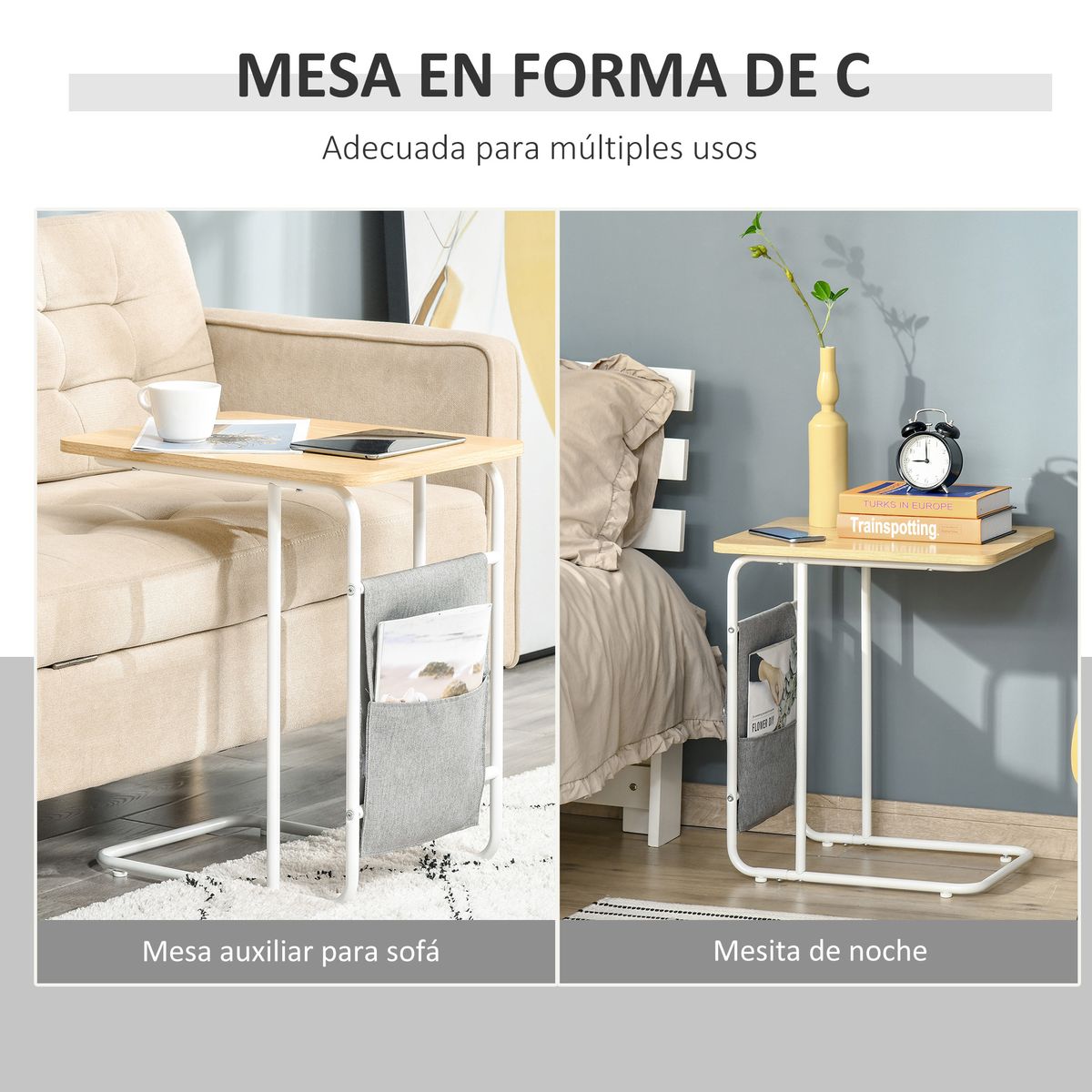 Mesa auxiliar Rawa Homcom con bolsa de almacenaje roble/blanco 55,8x37x48 cm web