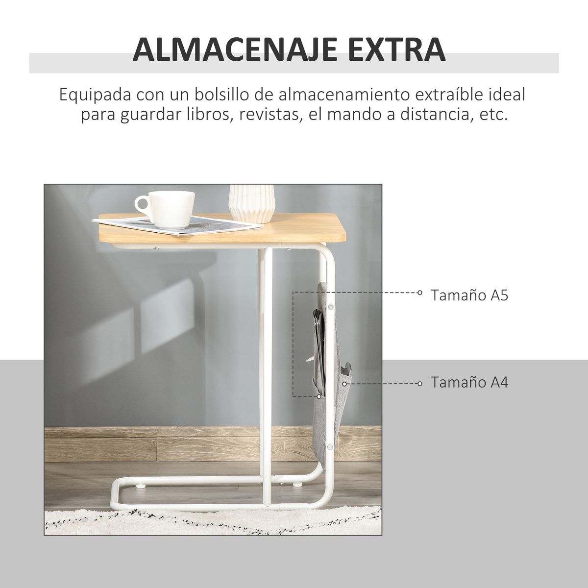 Mesa auxiliar Rawa Homcom con bolsa de almacenaje roble/blanco 55,8x37x48 cm detalles