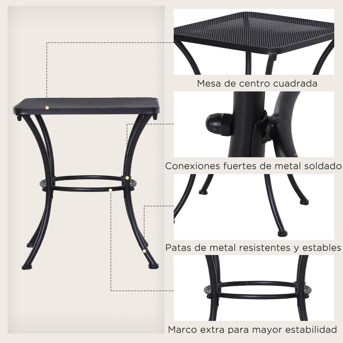 Mesa de jardín Castell Outsunny cuadrada negro 50x45x45 cm 5
