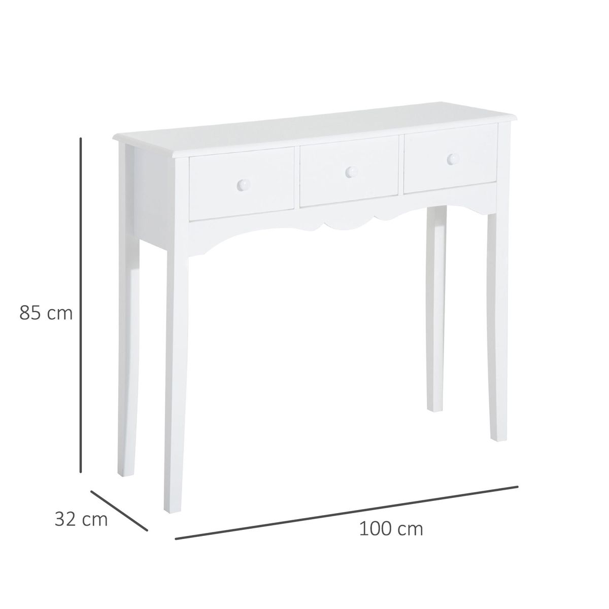 Consola recibidor Nanma Homcom 3 cajones blanco 85x100x32 cm medidas