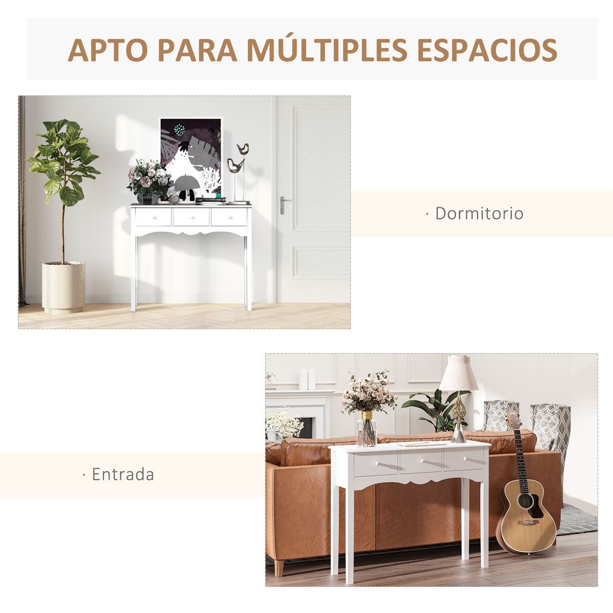Consola recibidor Nanma Homcom 3 cajones blanco 85x100x32 cm detalle web