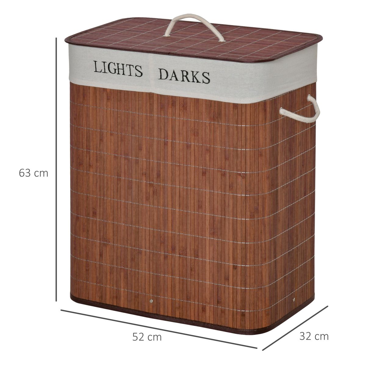 Cesto para ropa sucia 100L 2 compartimentos marrón 63x52x32 cm medidas