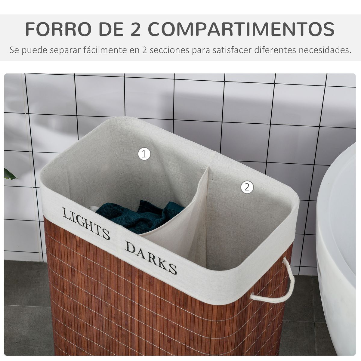 Cesto para ropa sucia 100L 2 compartimentos marrón 63x52x32 cm 2 compartimentos