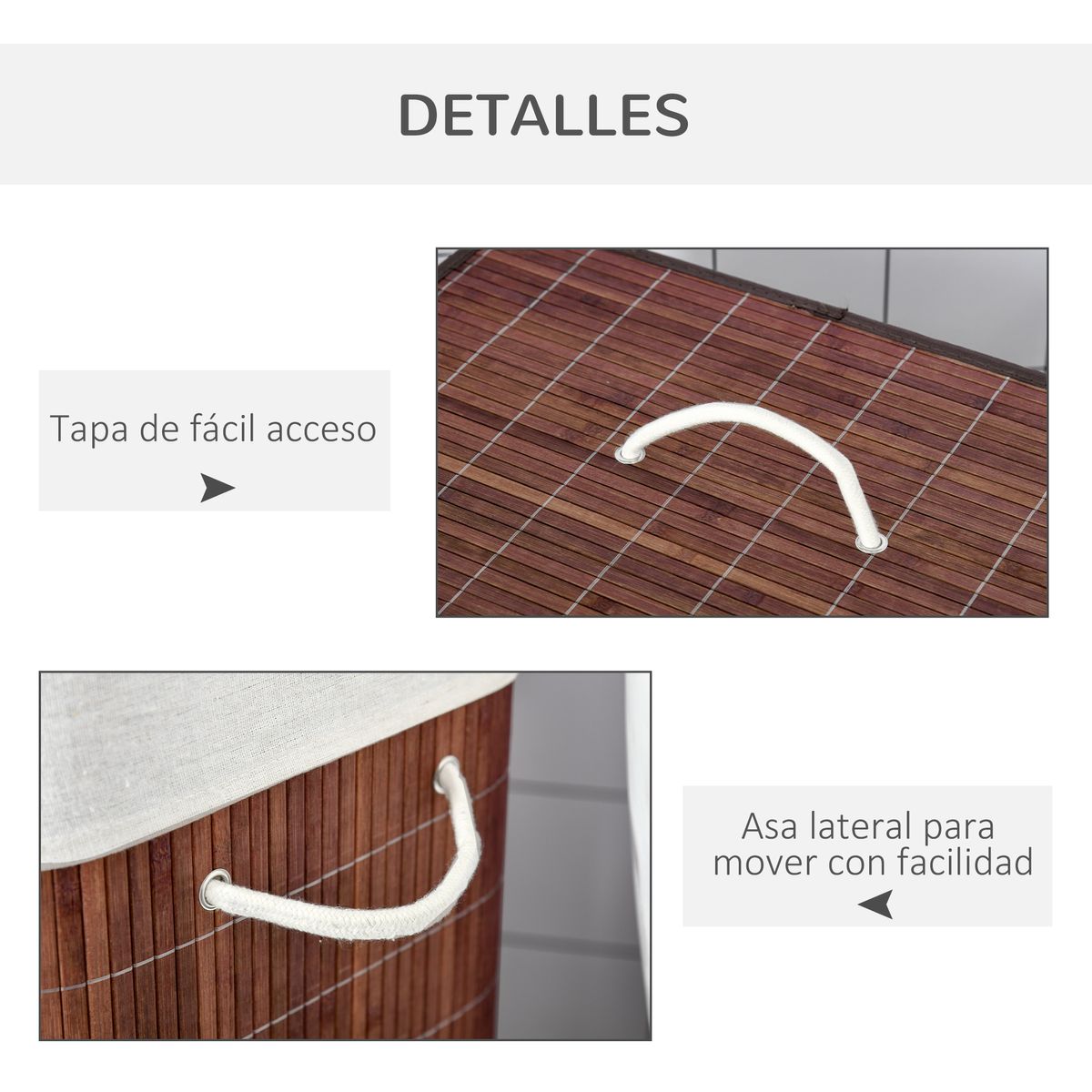Cesto para ropa sucia 100L 2 compartimentos marrón 63x52x32 cm asas