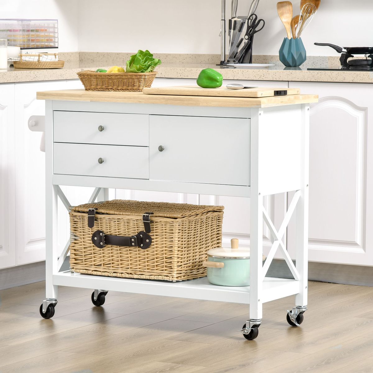 Carrito auxiliar Dumas Homcom 2 cajones con puerta blanco 89x108x45 cm animada