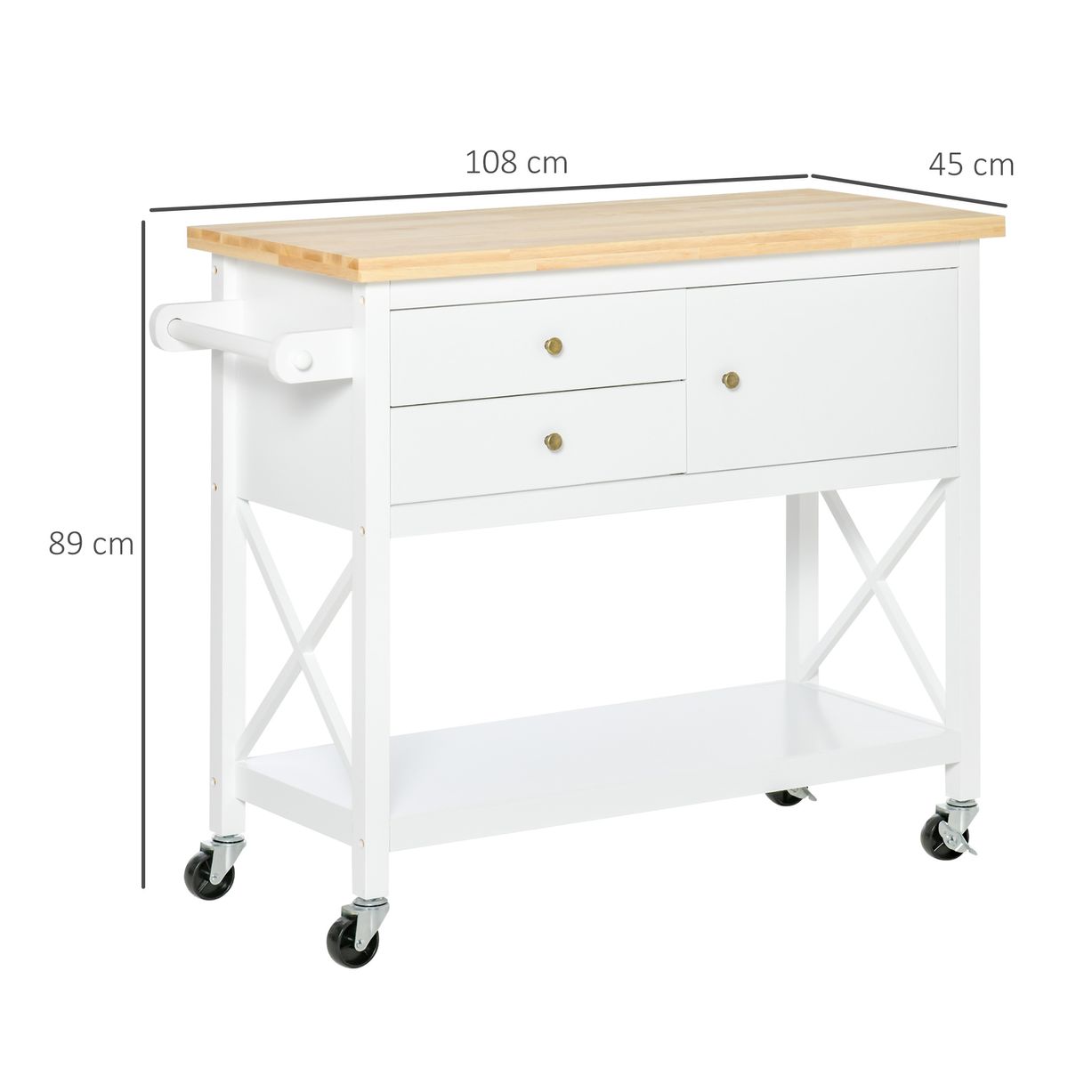 Carrito auxiliar Dumas Homcom 2 cajones con puerta blanco 89x108x45 cm medidas