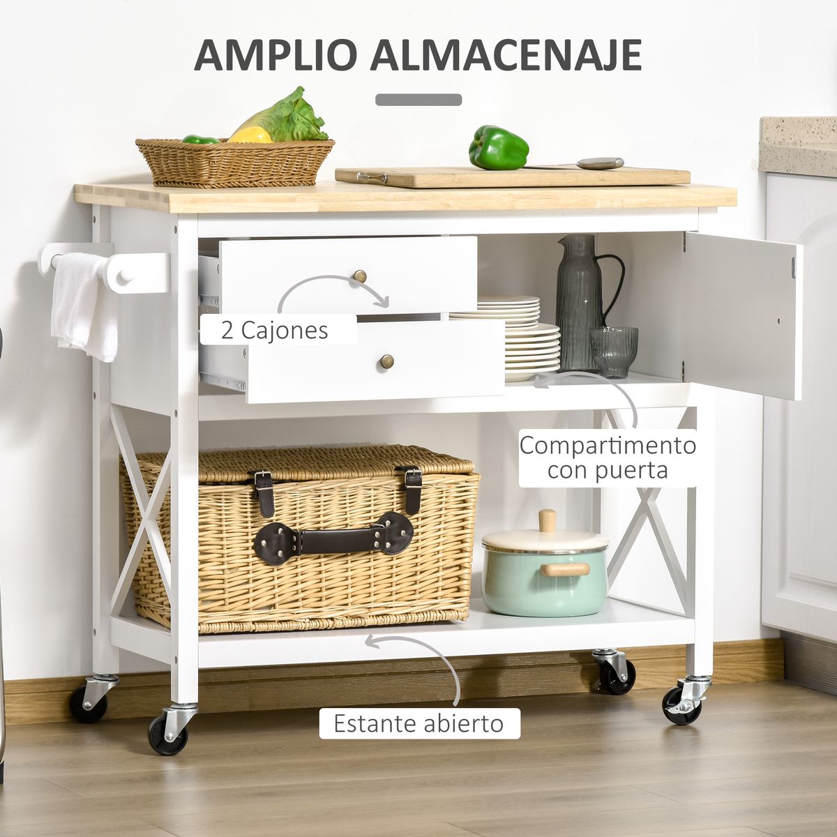 Carrito auxiliar Dumas Homcom 2 cajones con puerta blanco 89x108x45 cm web