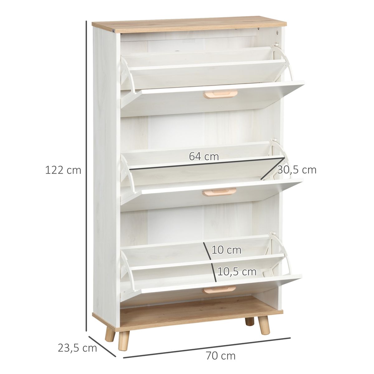 Zapatero Dolo Homcom 3 cajones abatibles 12 pares blanco 122x70x23,5 cm medidas