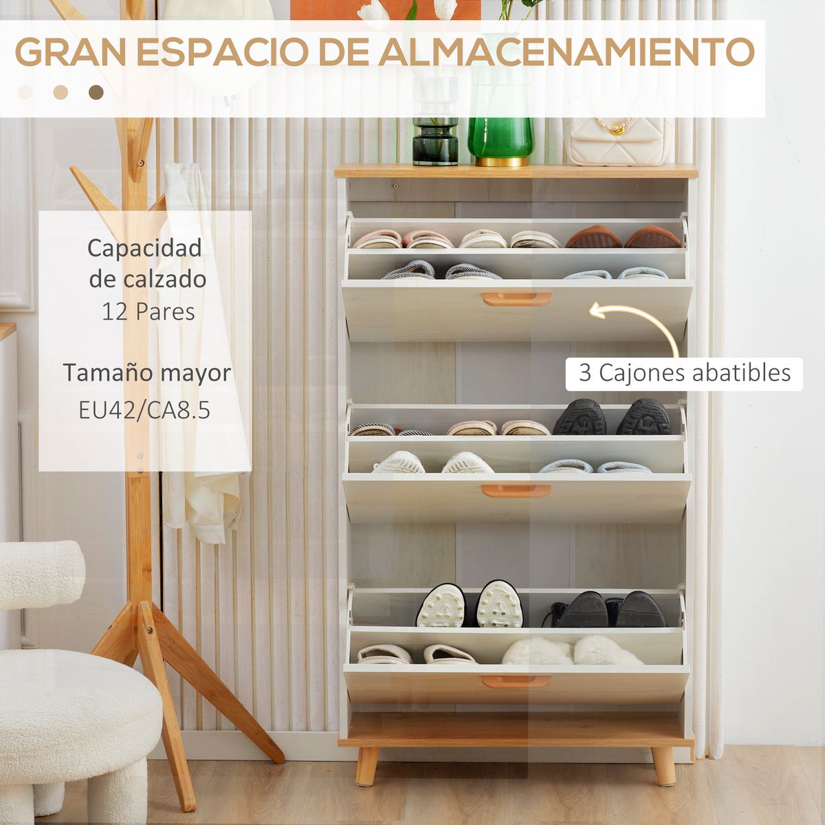 Zapatero Dolo Homcom 3 cajones abatibles 12 pares blanco 122x70x23,5 cm interior