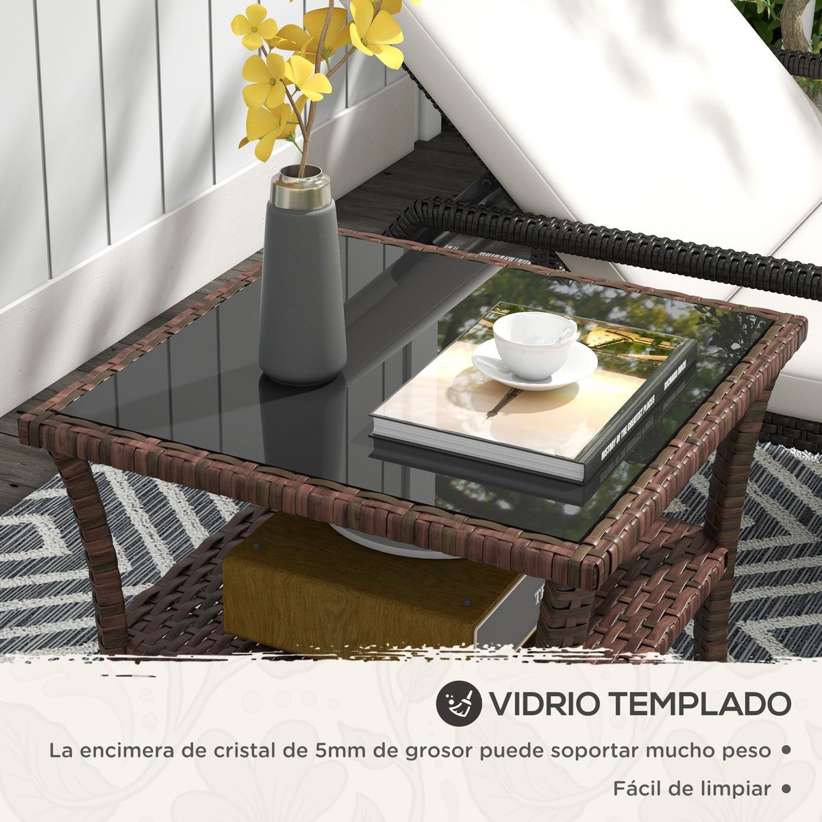 Mesa de exterior Inna Outsunny ratán marrón 45x50 cm detalles objetos
