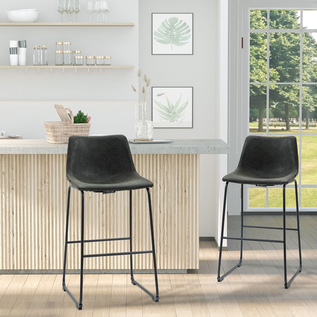 Pack de 2 taburetes altos de cocina con respaldo gris oscuro 99x47x54 cm animada