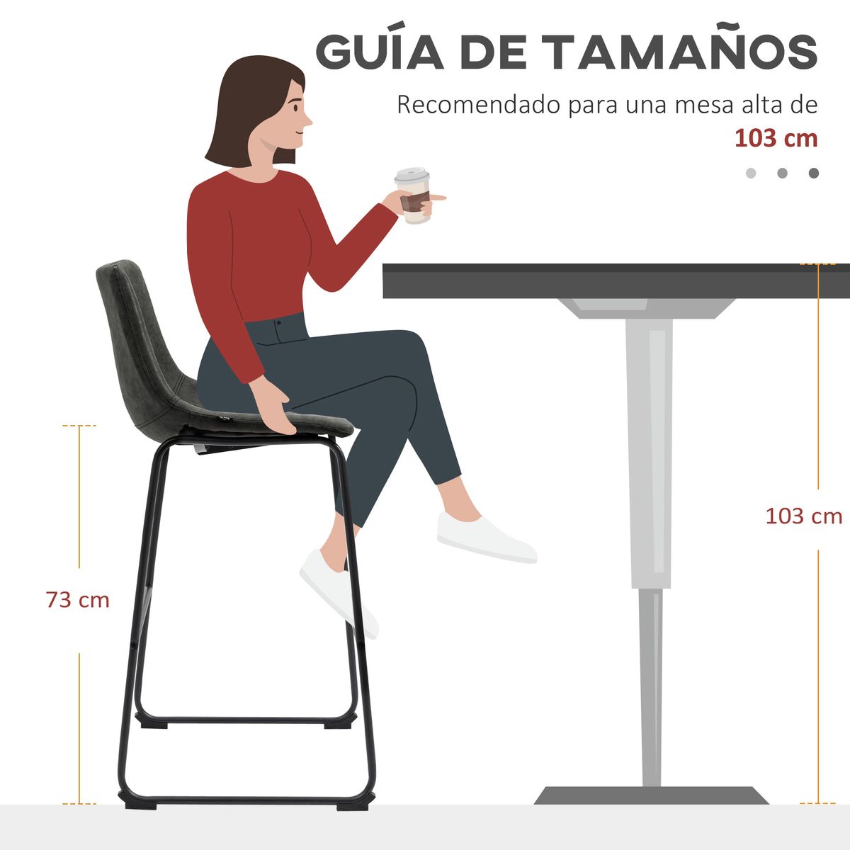Pack de 2 taburetes altos de cocina con respaldo gris oscuro 99x47x54 cm tamaños
