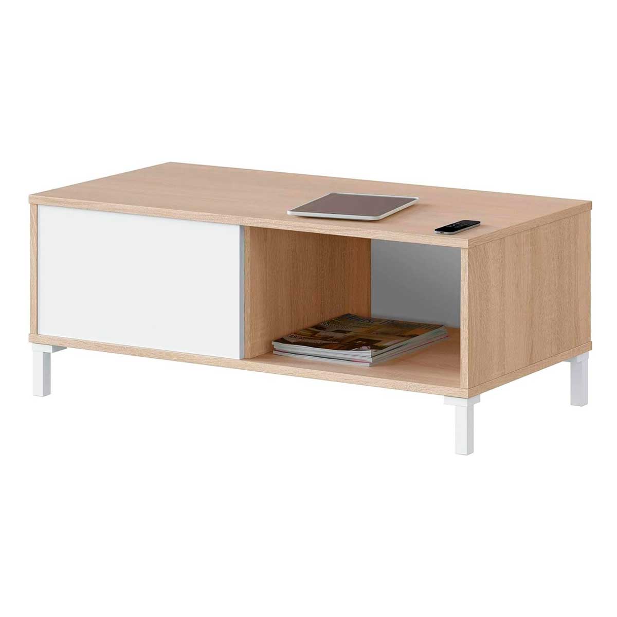 Mesa de centro Brooklyn 2 huecos abiertos roble Canadian/blanco artik 40x100x50 cm 2