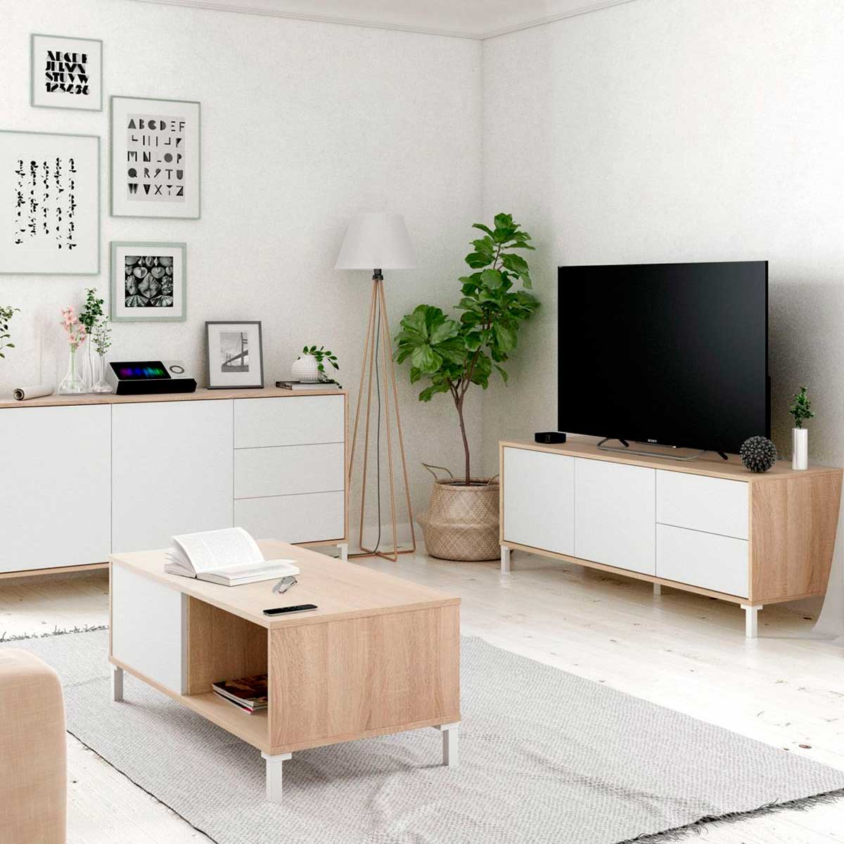 Mesa de centro Brooklyn 2 huecos abiertos roble Canadian/blanco artik 40x100x50 cm 4