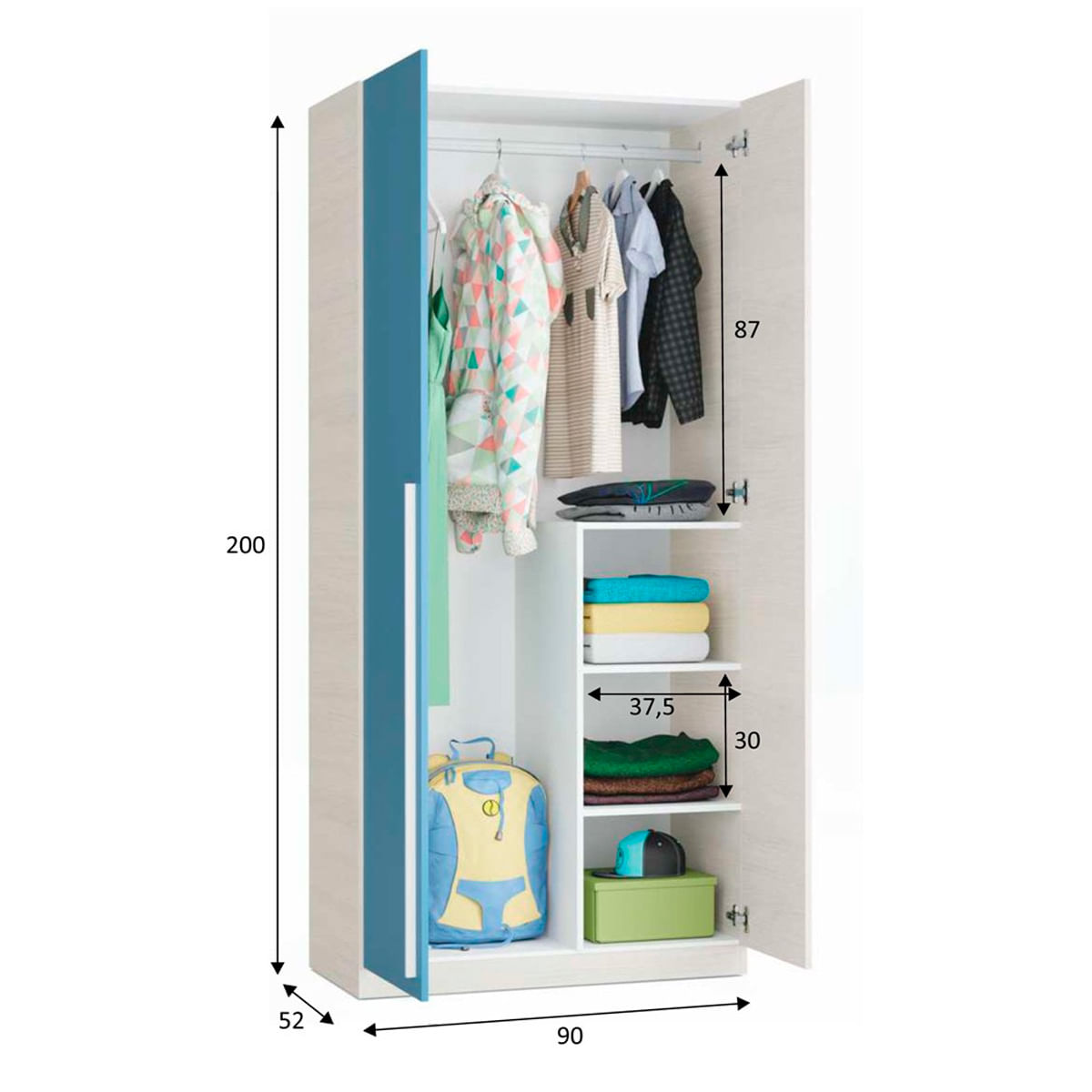 Armario Wic 2 puertas + 3 estantes blanco Alpes/azul 200x90x52 cm medidas