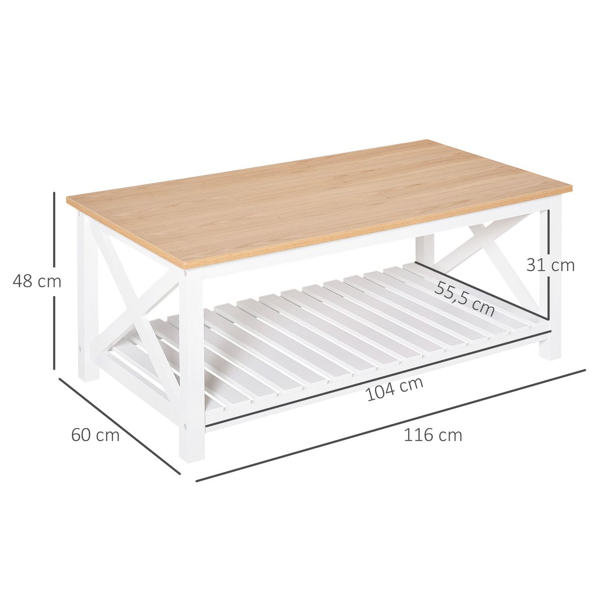 Mesa de centro Lusaka Homcom estante inferior blanco/natural 48x116x60 cm 3