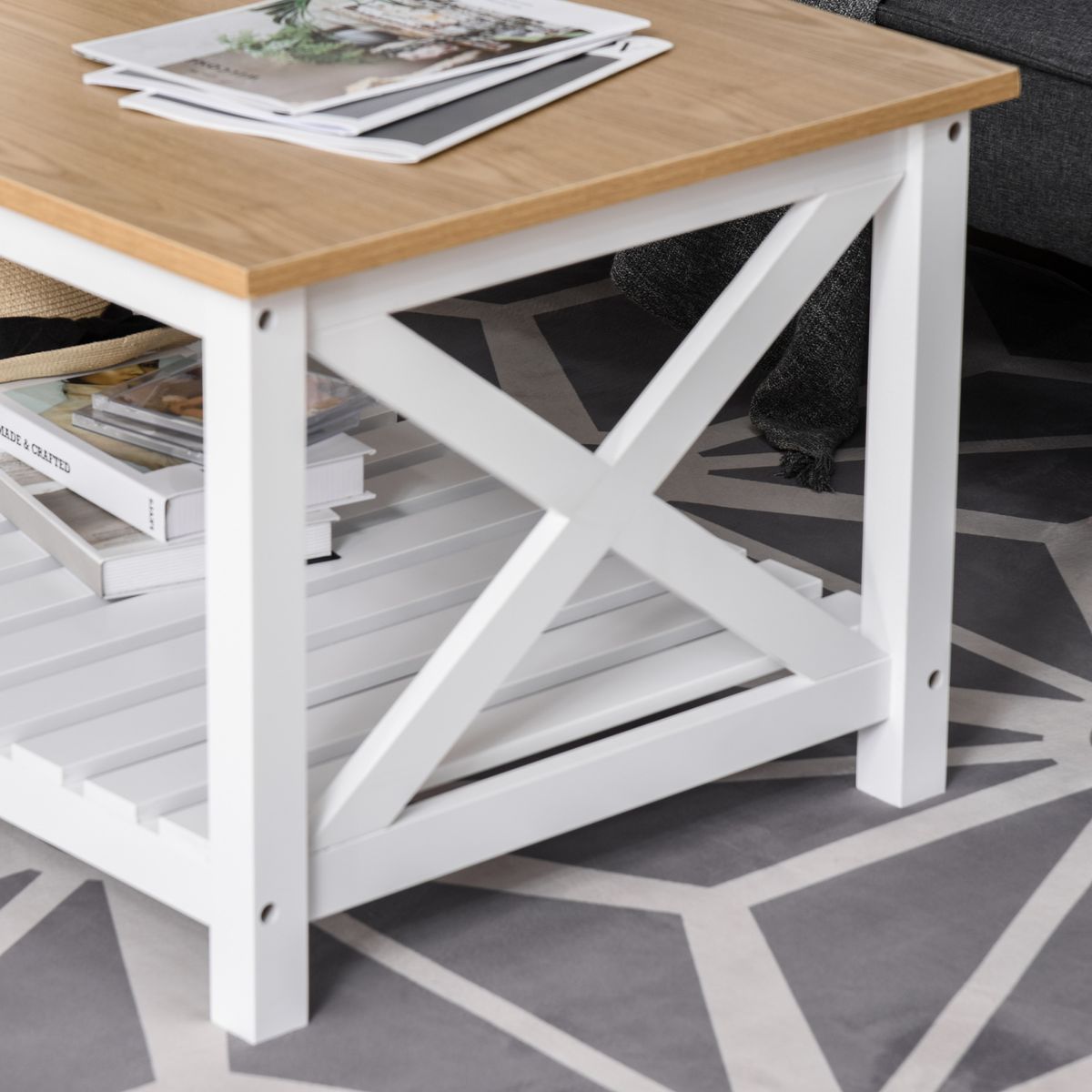 Mesa de centro Lusaka Homcom estante inferior blanco/natural 48x116x60 cm 9