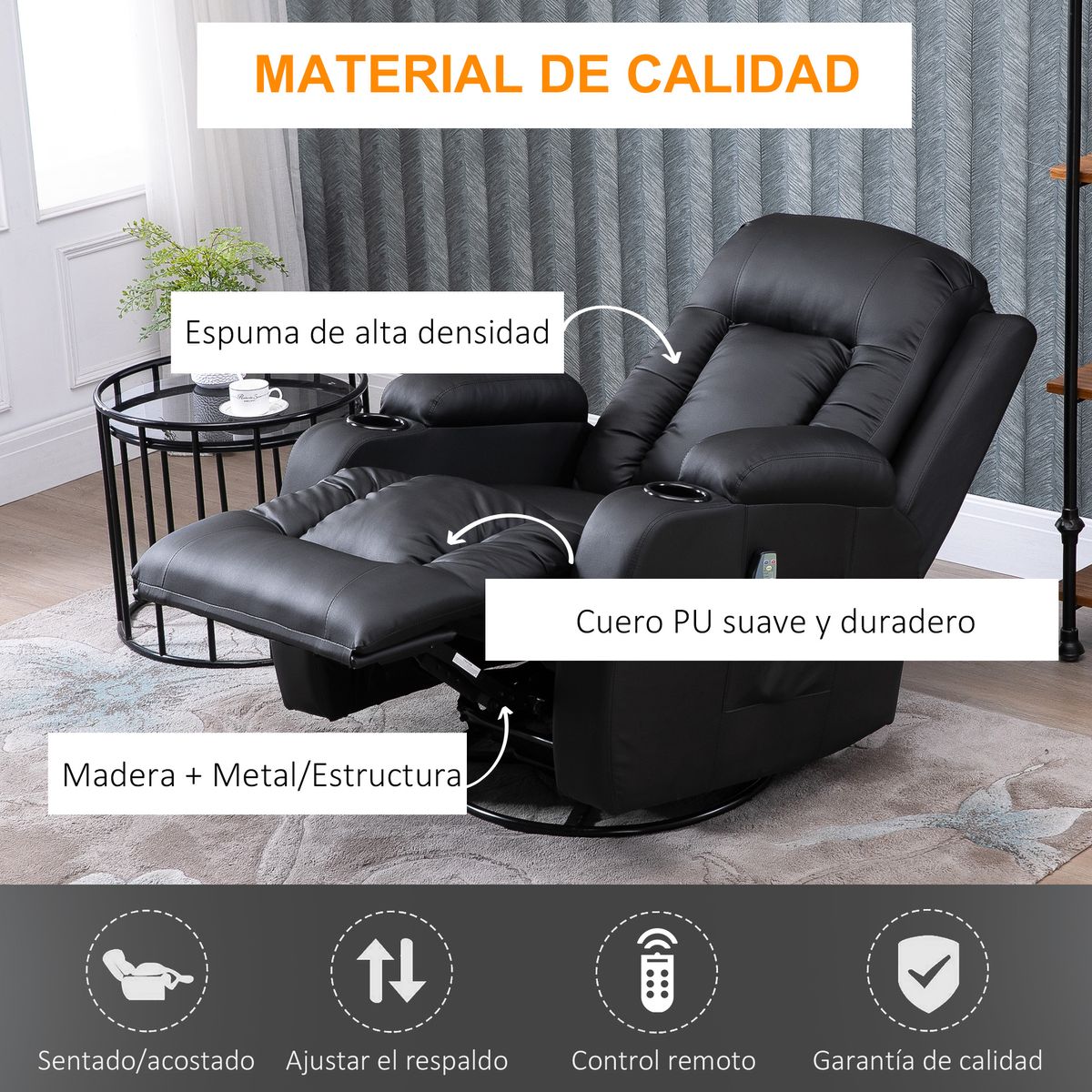 Sillón de masaje Aranjuez Homcom reclinable con calefacción negro 104x85x94 cm 5