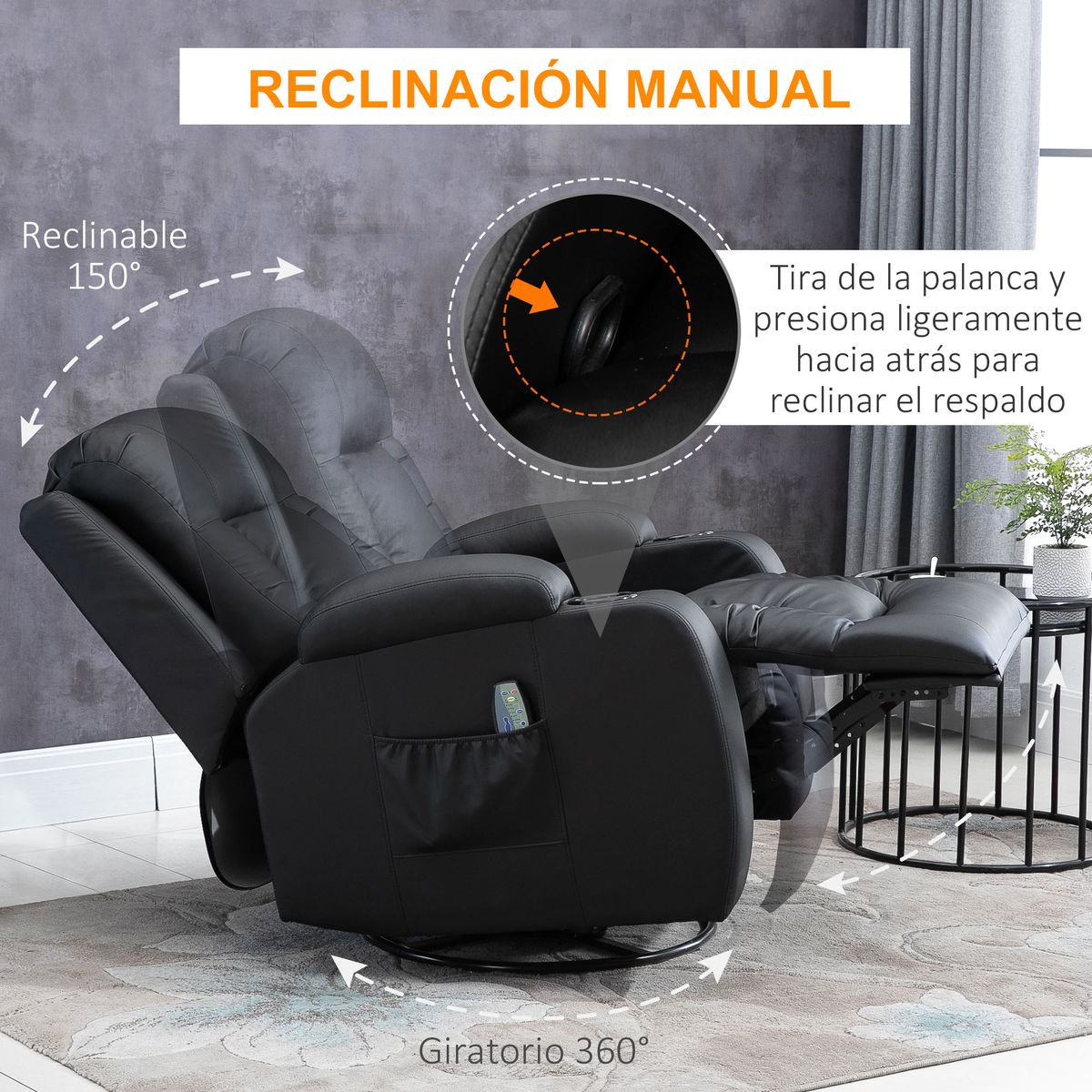 Sillón de masaje Aranjuez Homcom reclinable con calefacción negro 104x85x94 cm 6