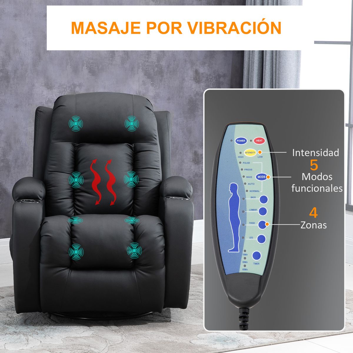Sillón de masaje Aranjuez Homcom reclinable con calefacción negro 104x85x94 cm 7