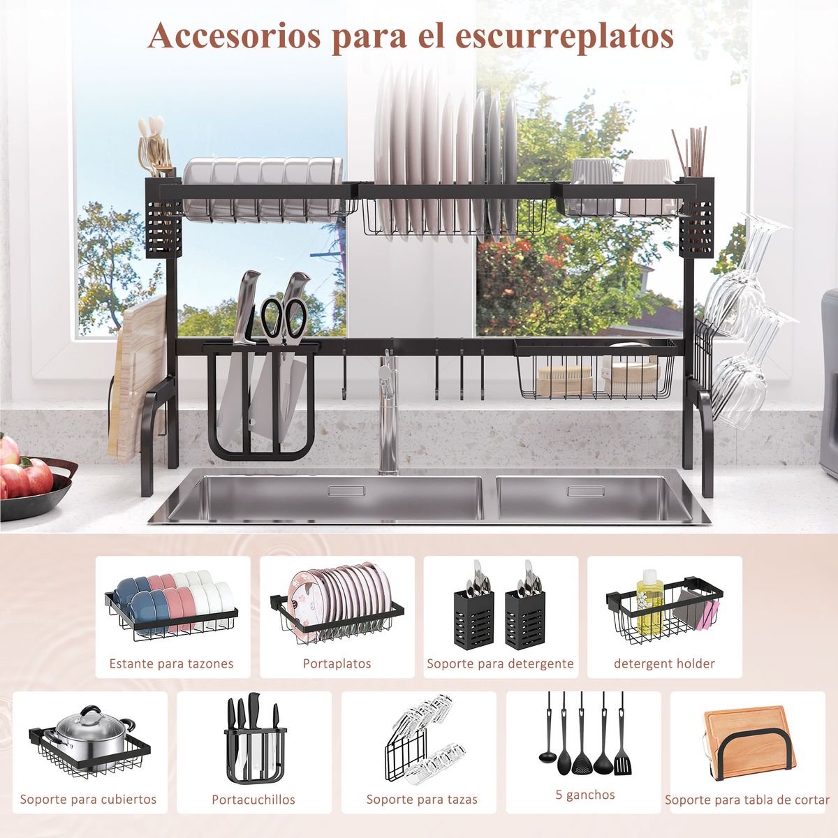 Escurreplatos Basov Homcom 2 niveles para fregadero negro 52,5x100x30 cm web