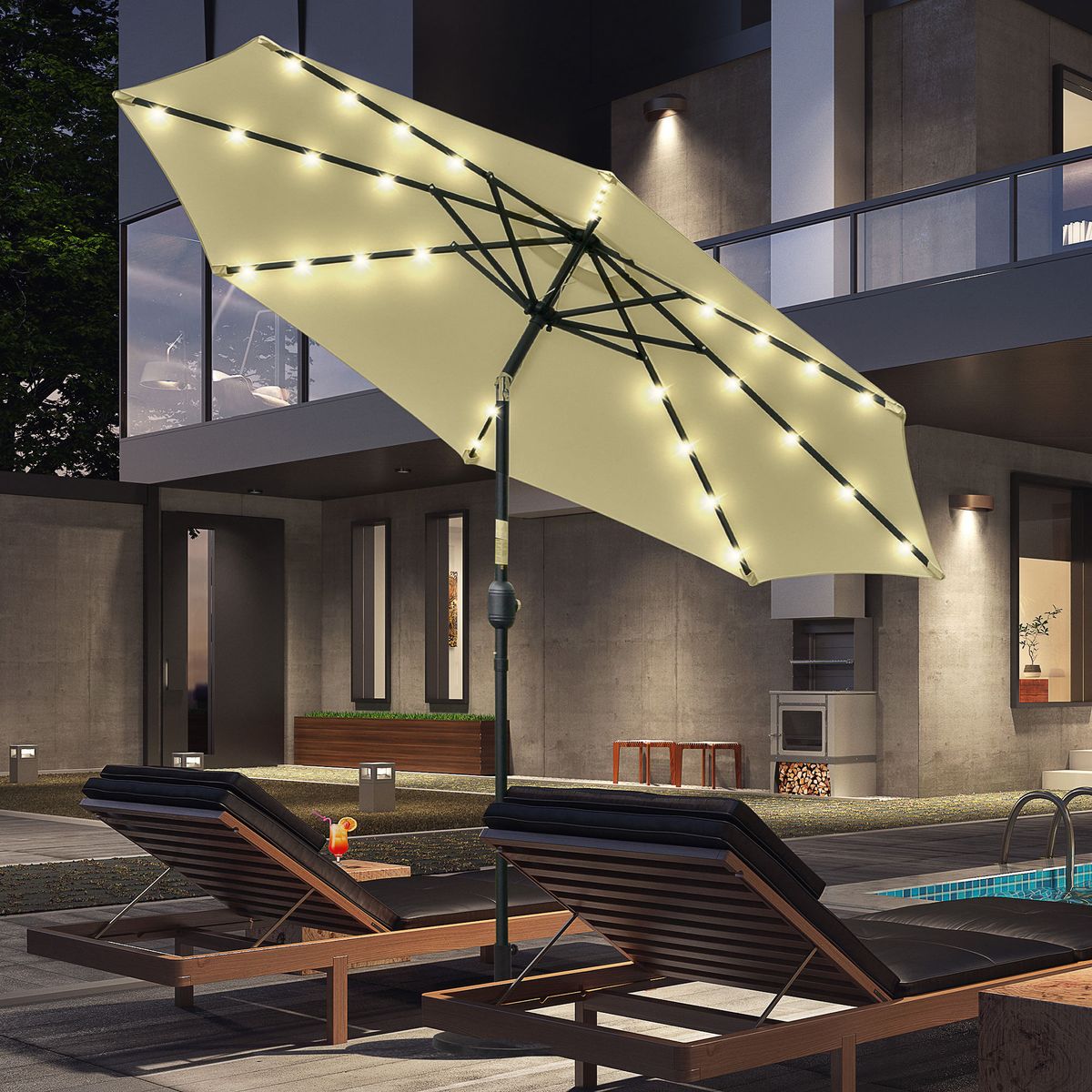 Sombrilla de jardín Outsunny 32 luces LED con manivela beige Ø265x233 cm animada