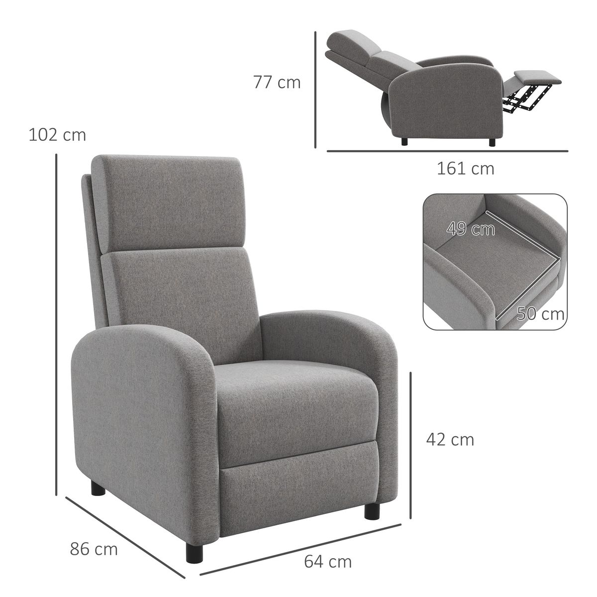 Sillón relax Balboa Homcom reclinable gris 102x64x86 cm 3