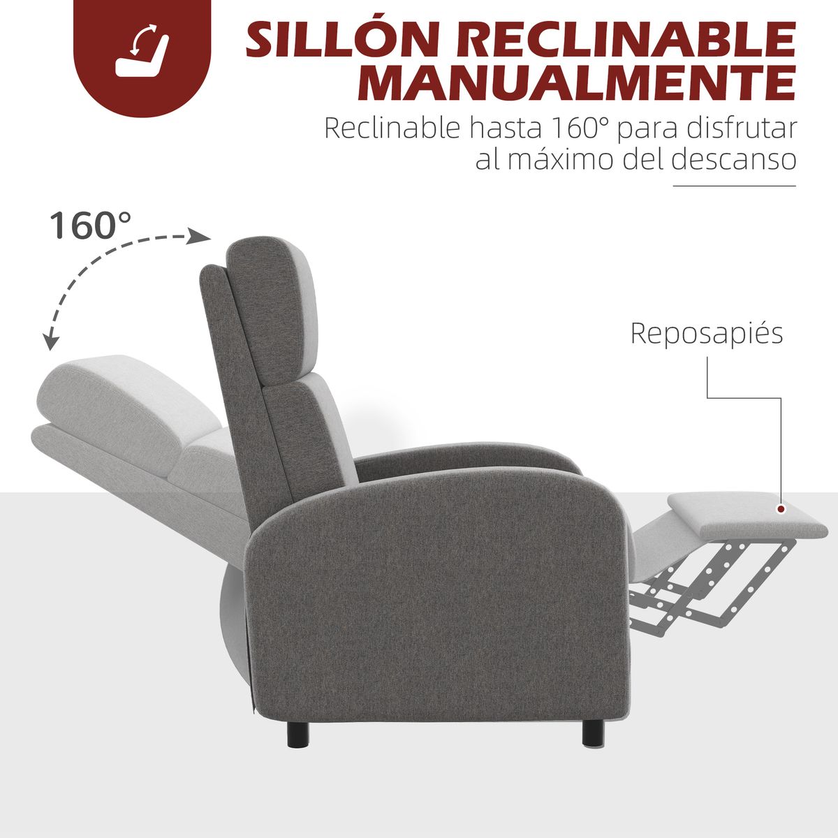 Sillón relax Balboa Homcom reclinable gris 102x64x86 cm 5