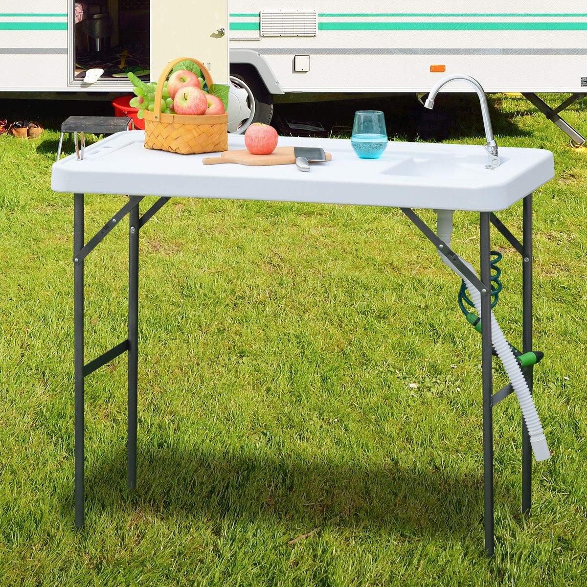 Mesa fregadrero Outsunny grifo + pistola de riego blanco 94,5x114,5x59 cm animada