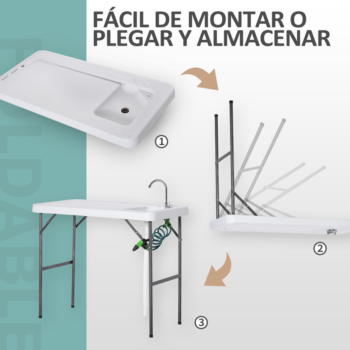 Mesa fregadrero Outsunny grifo + pistola de riego blanco 94,5x114,5x59 cm web