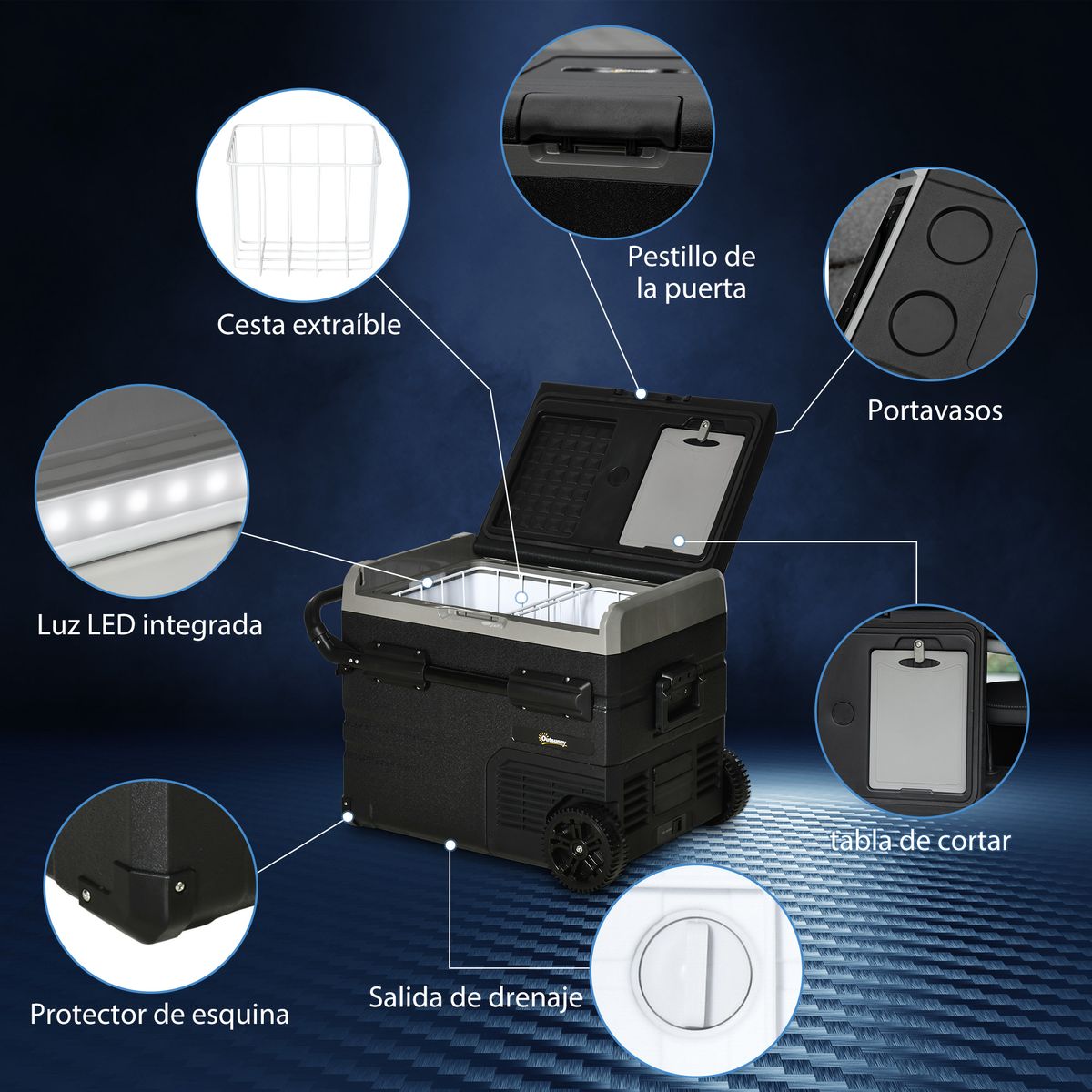 Nevera/congelador para coche Outsunny 60L pantalla LED negro 57,1x71,1x46 cm