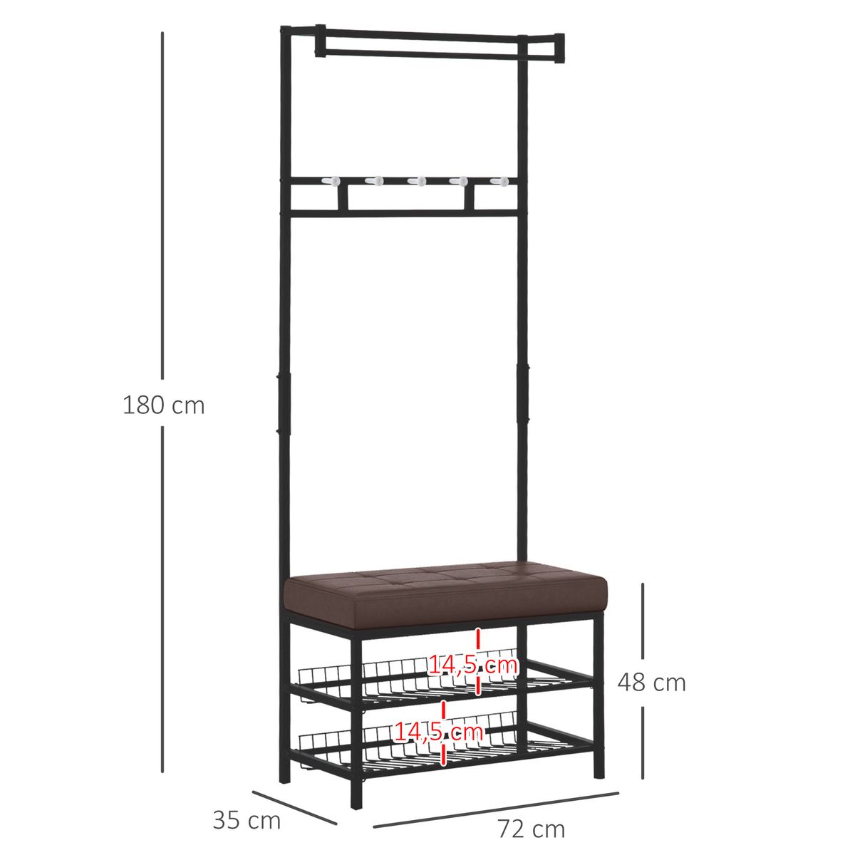 Perchero Phill Homcom asiento + 2 estantes + colgador negro 180x72,5x35 cm medidas