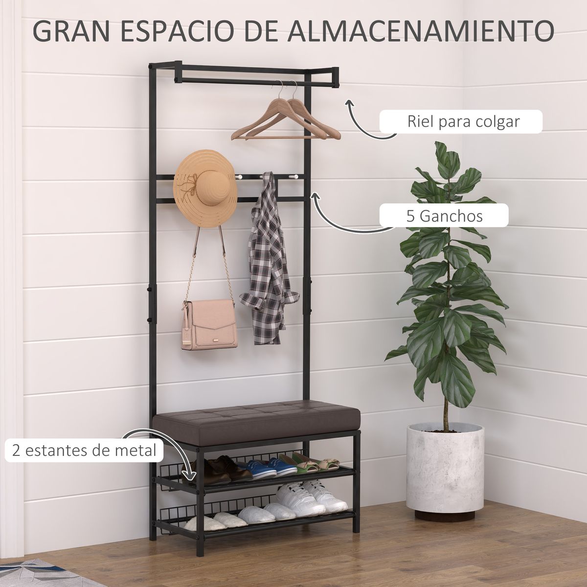 Perchero Phill Homcom asiento + 2 estantes + colgador negro 180x72,5x35 cm web