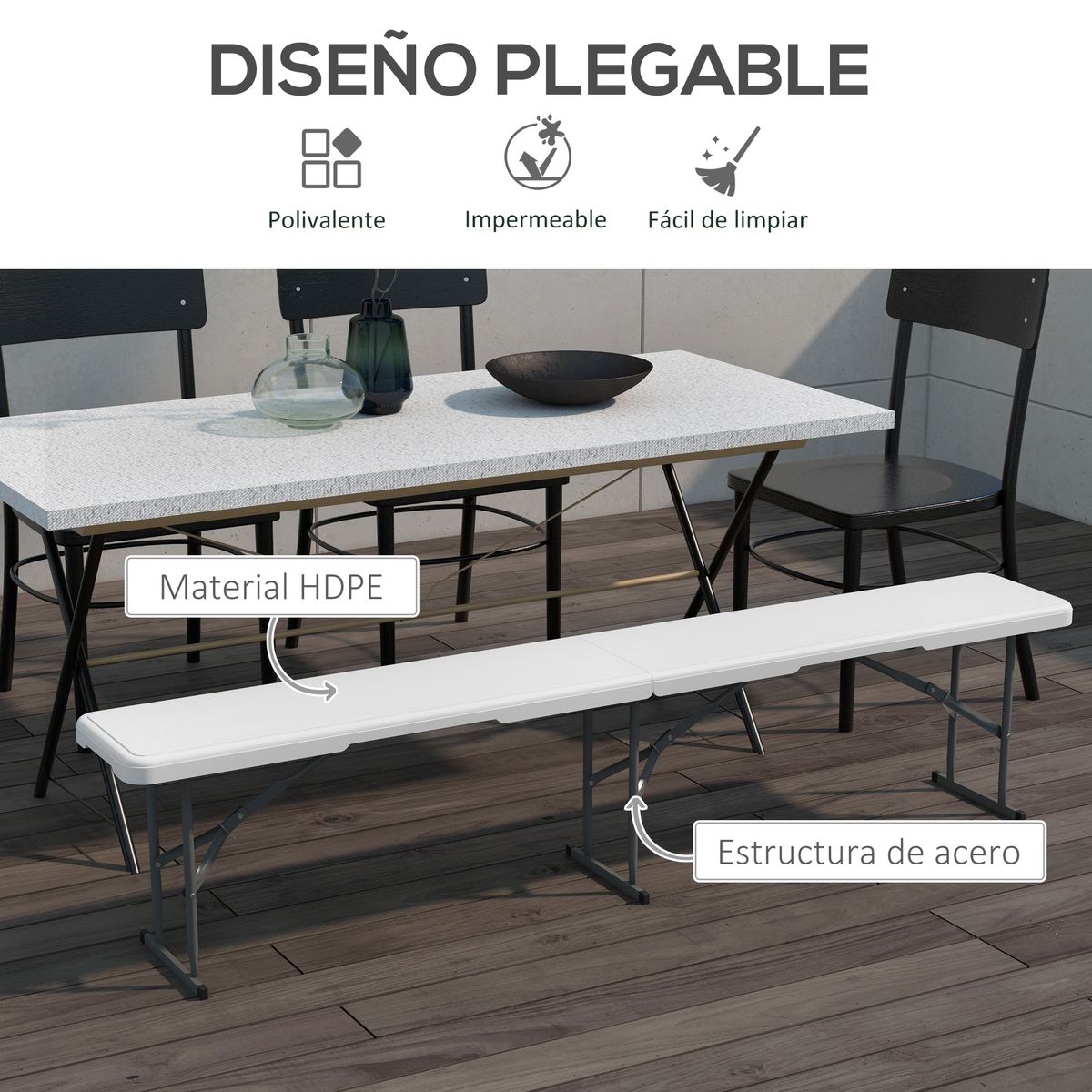 Banco de jardín Outsunny plegable hasta 360kg negro 43x183x28 cm 4