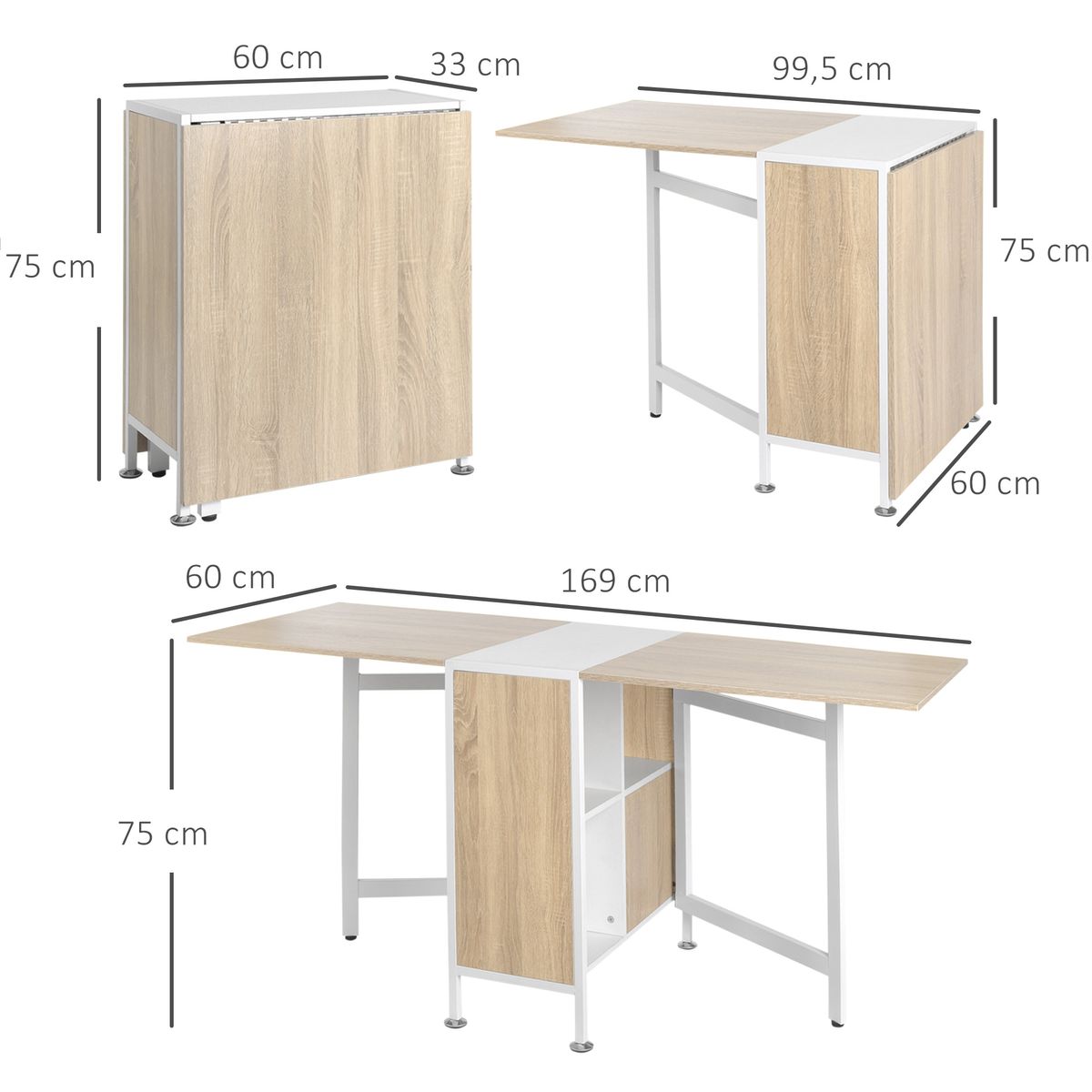 Mesa de comedor Nairobi plegable 4 estantes blanco/natural 75x169x60 cm 3